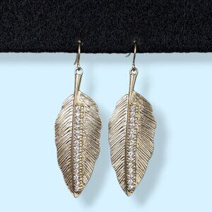 Gold Tone Feather Rhinestone Accent Earrings